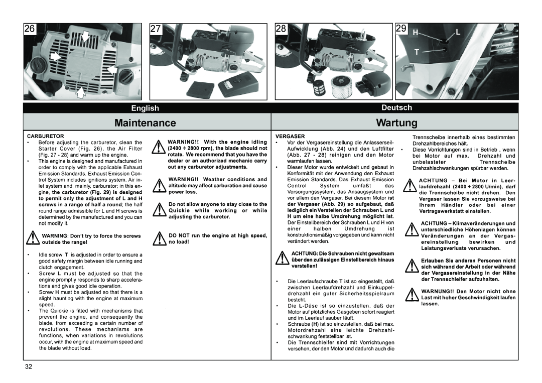 Multiquip HS81, HS62 manual Maintenance, 29 H, Wartung, English, Deutsch 