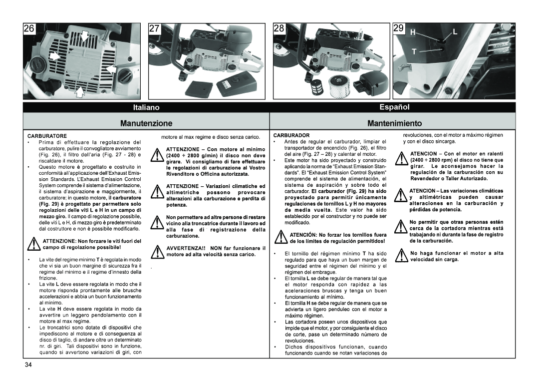 Multiquip HS81, HS62 manual Manutenzione, Mantenimiento, 29 H, Italiano, Español 