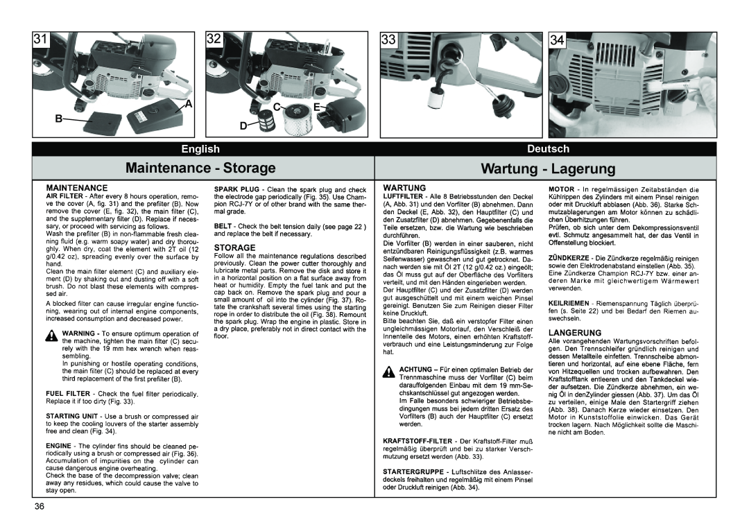 Multiquip HS81, HS62 manual Maintenance - Storage, Wartung - Lagerung, C E D, English, Deutsch 