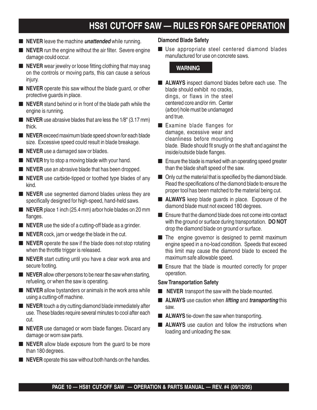 Multiquip HS81 manual Diamond Blade Safety, Saw Transportation Safety 