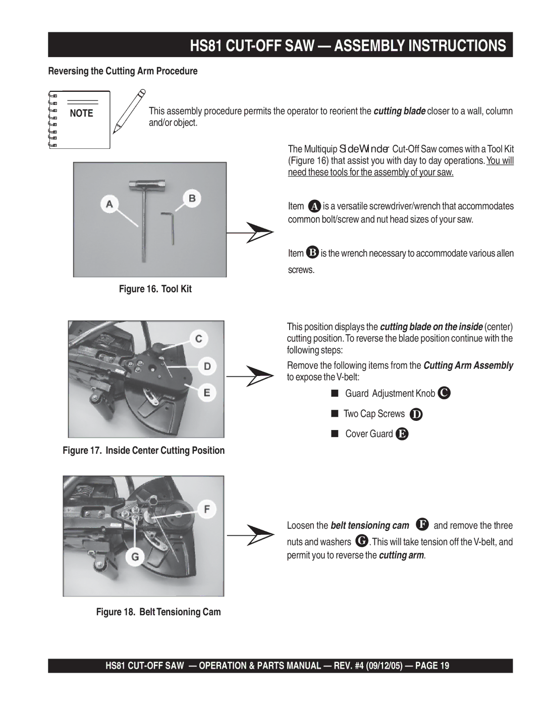 Multiquip HS81 manual Reversing the Cutting Arm Procedure, Inside Center Cutting Position 