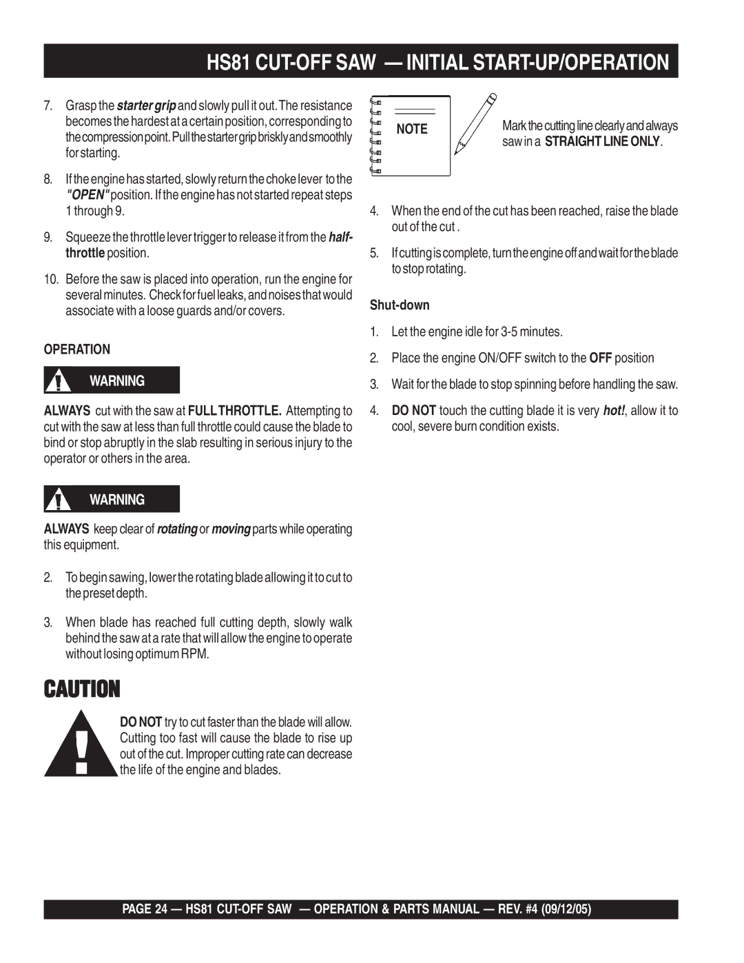 Multiquip manual HS81 CUT-OFF SAW Initial START-UP/OPERATION, Shut-down 