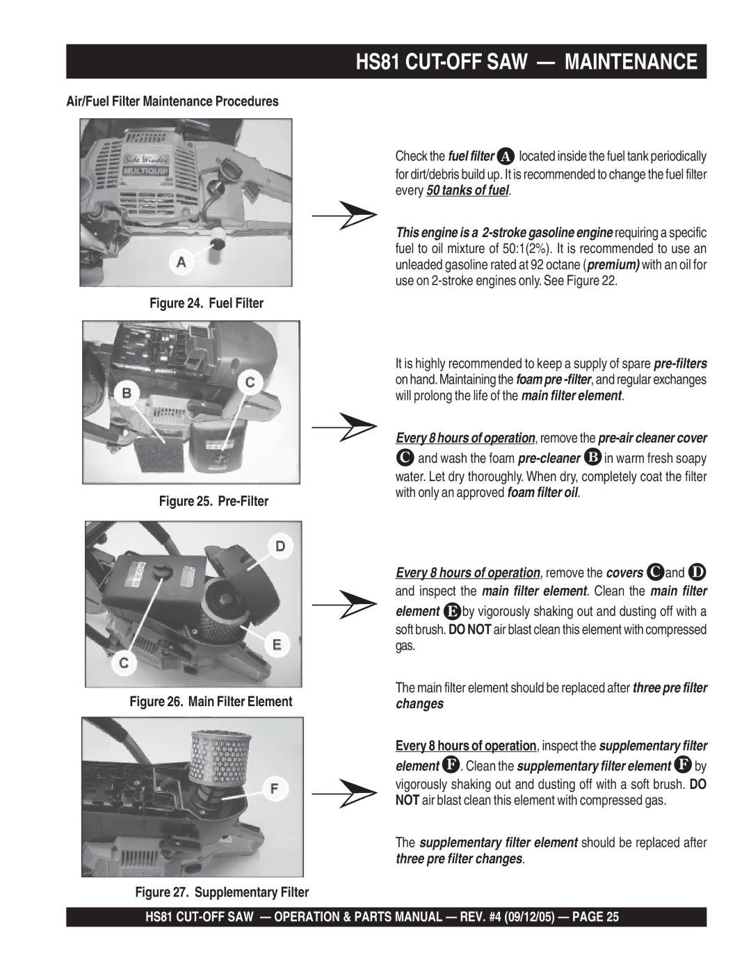 Multiquip manual HS81 CUT-OFF SAW Maintenance, Air/Fuel Filter Maintenance Procedures 