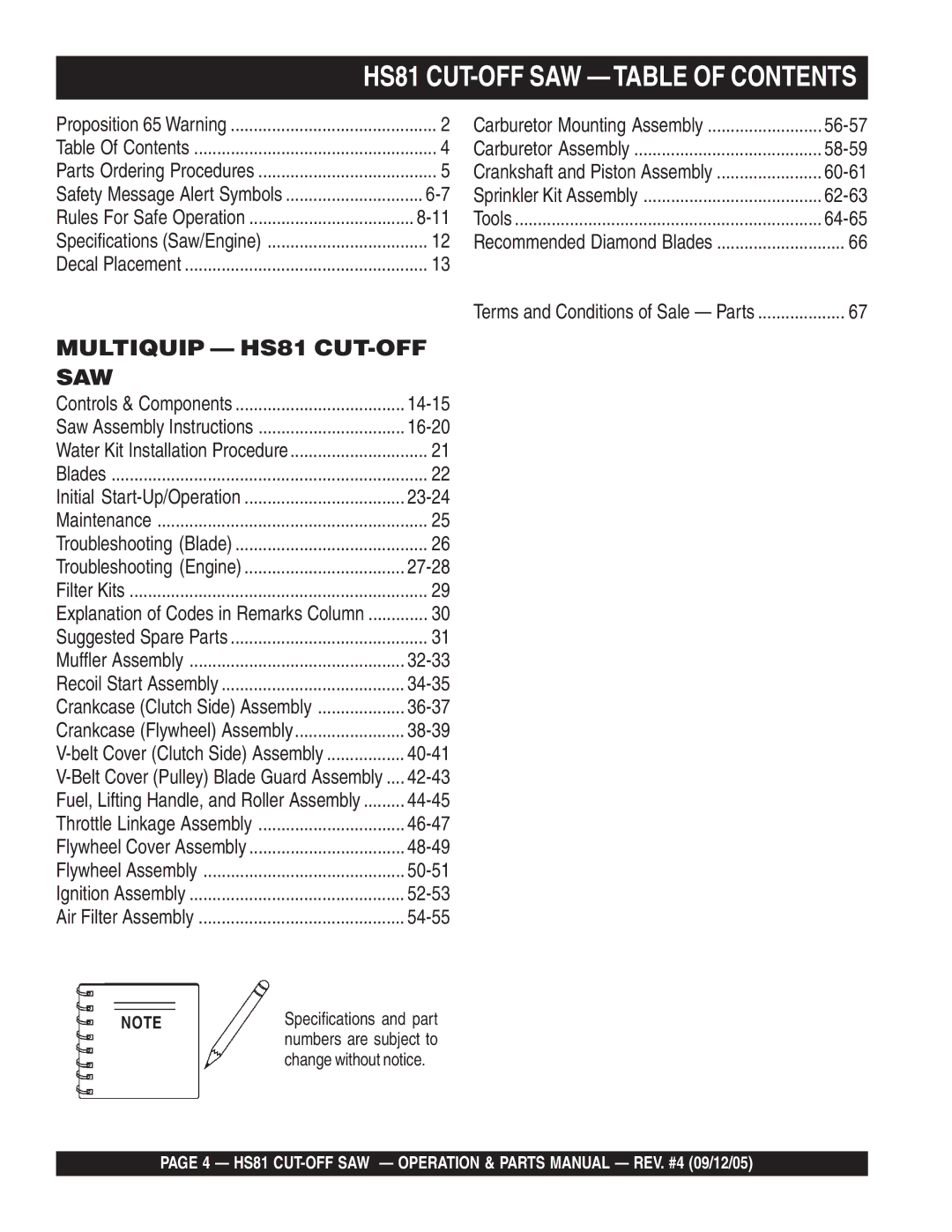 Multiquip manual HS81 CUT-OFF SAW Table of Contents 