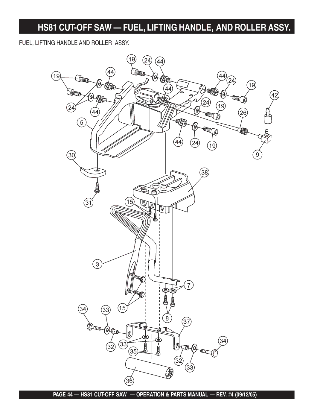 Multiquip manual HS81 CUT-OFF SAW FUEL, Lifting HANDLE, and Roller Assy 