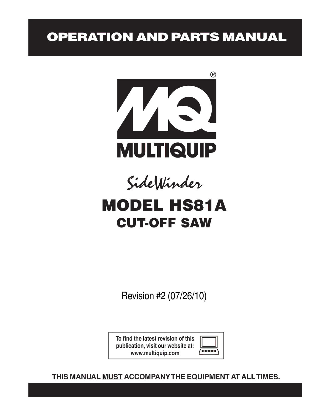 Multiquip HS81A manual SideWinder 