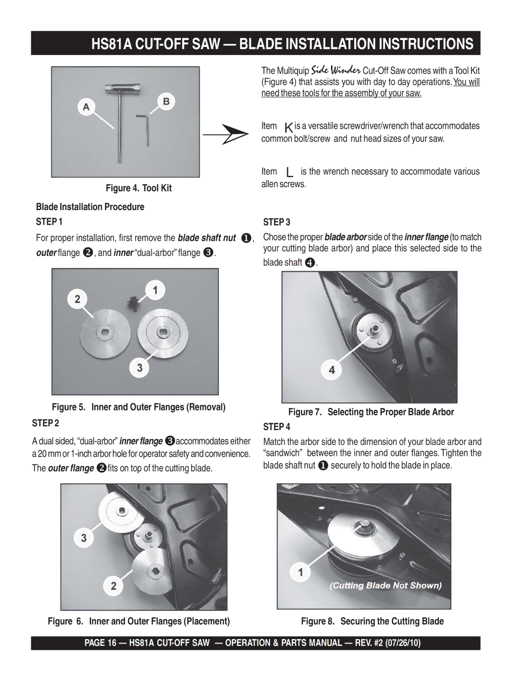 Multiquip manual HS81A CUT-OFF SAW Blade Installation Instructions, Tool Kit Blade Installation Procedure 