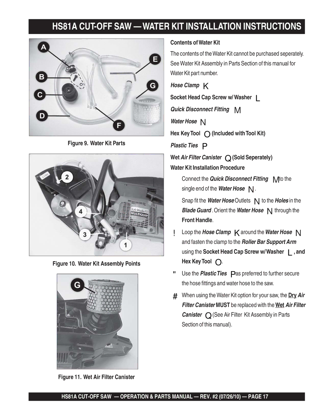 Multiquip manual HS81A CUT-OFF SAW -WATER KIT Installation Instructions, Socket Head Cap Screw w/ Washer , Front Handle 