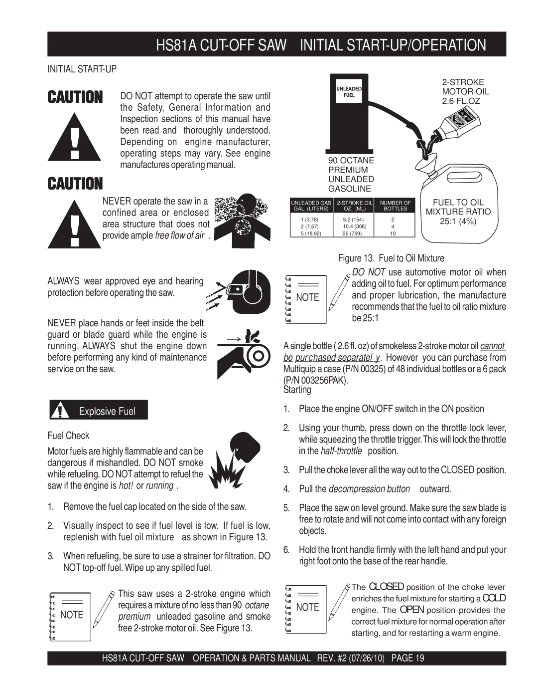 Multiquip manual HS81A CUT-OFF SAW Initial START-UP/OPERATION, Fuel Check, Starting 