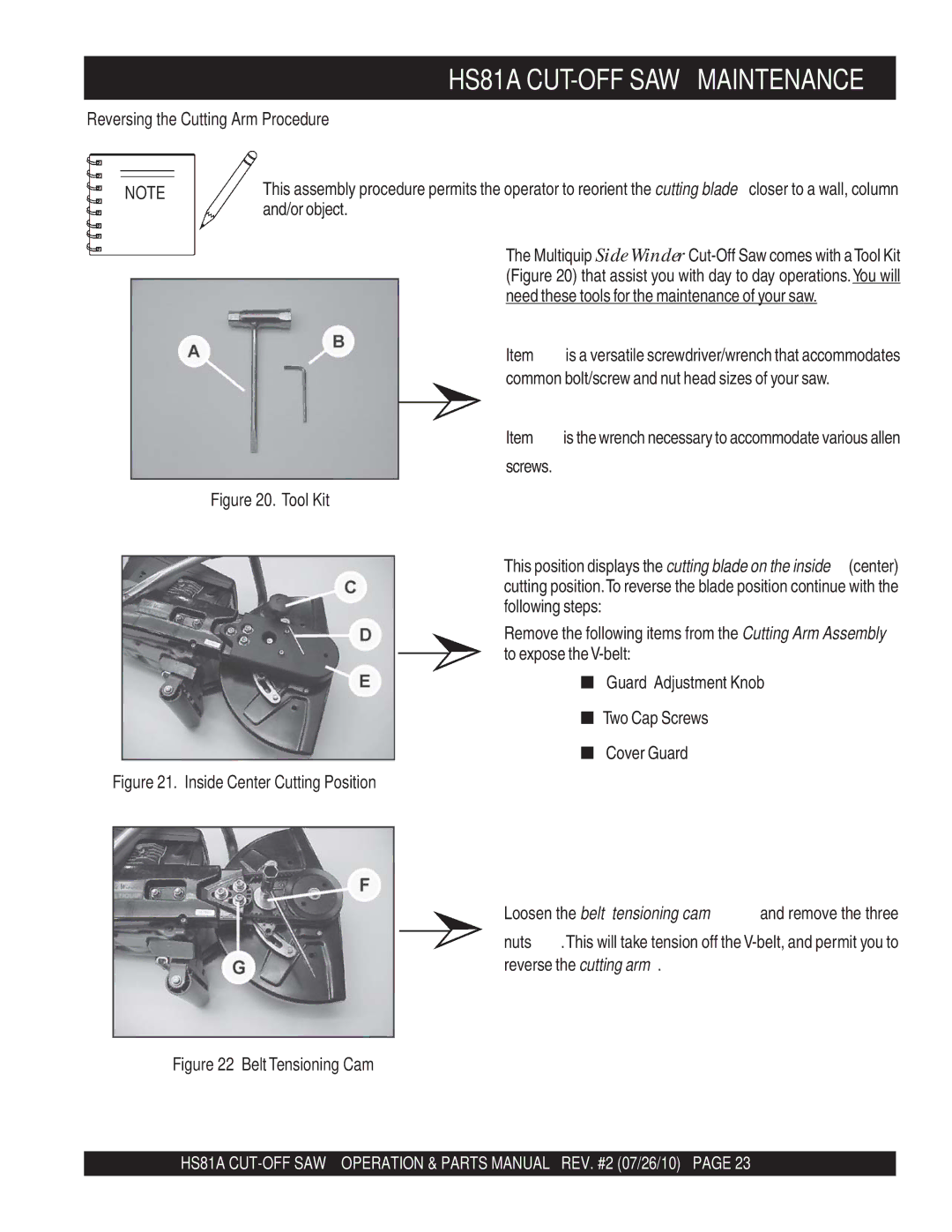 Multiquip HS81A manual Reversing the Cutting Arm Procedure, Tool Kit 