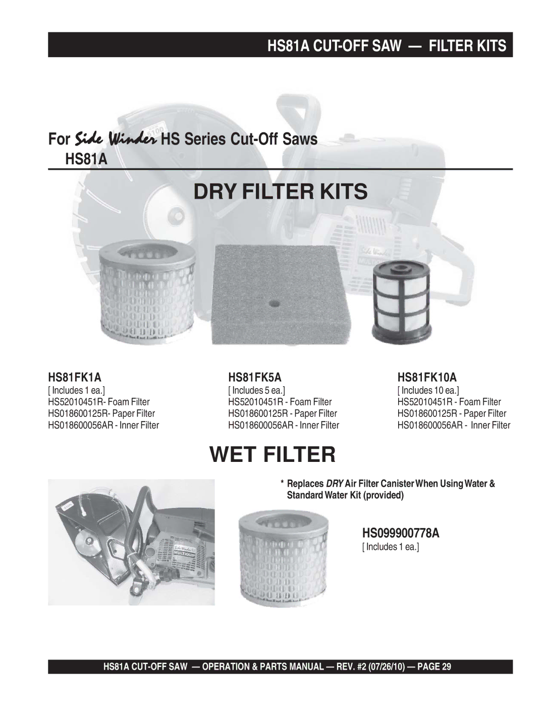 Multiquip manual DRY Filter Kits, HS81A CUT-OFF SAW Filter Kits 