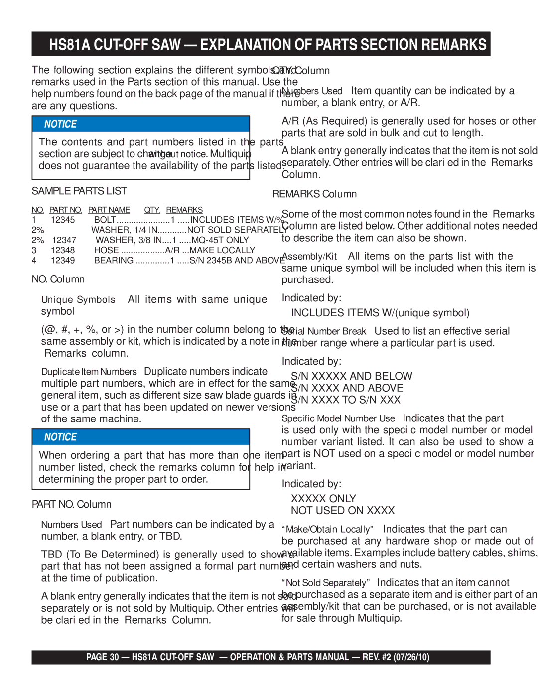 Multiquip manual HS81A CUT-OFF SAW Explanation of Parts Section Remarks, QTY. Column 