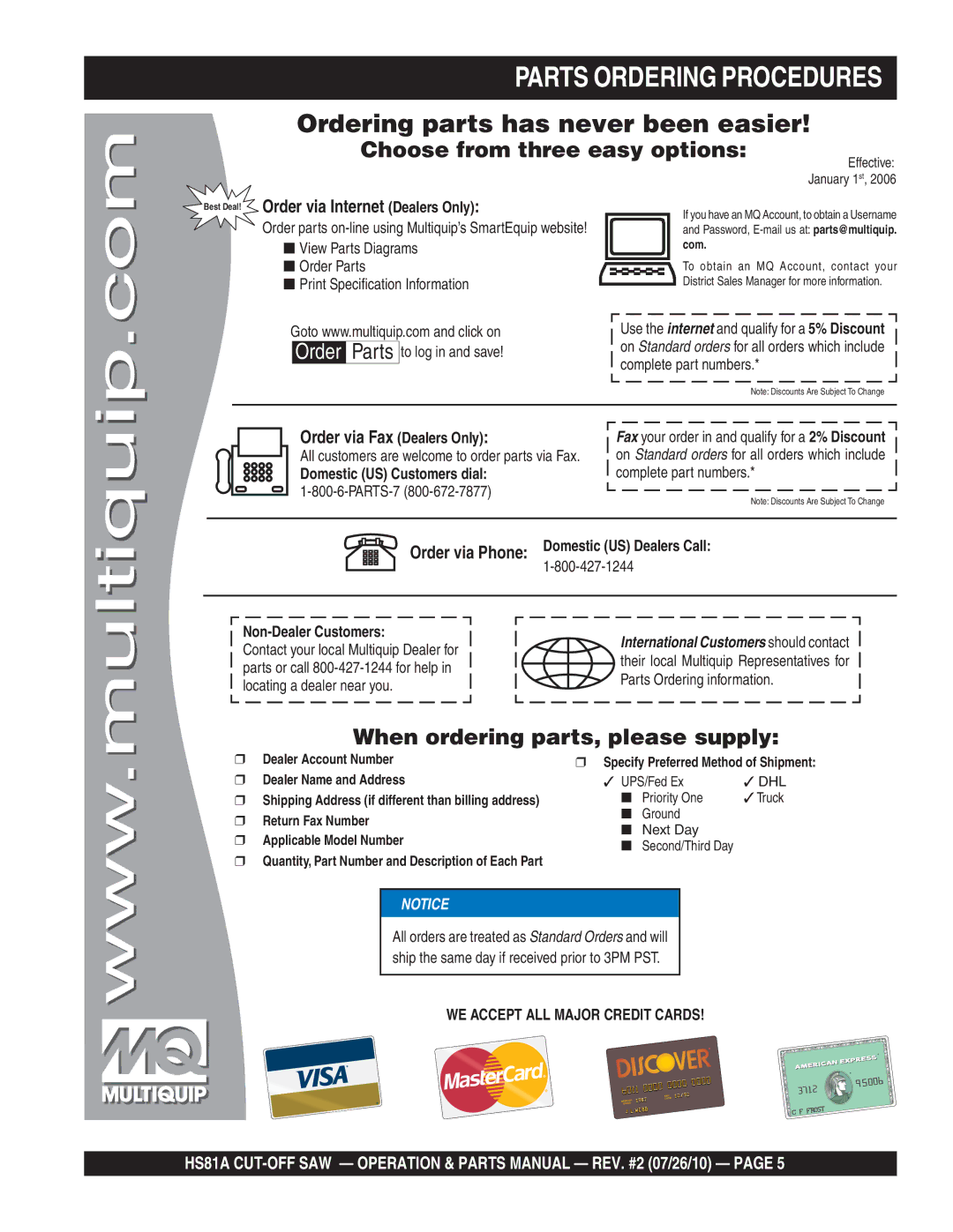 Multiquip HS81A manual Parts Ordering Procedures, Best Deal! Order via Internet Dealers Only, Order via Fax Dealers Only 