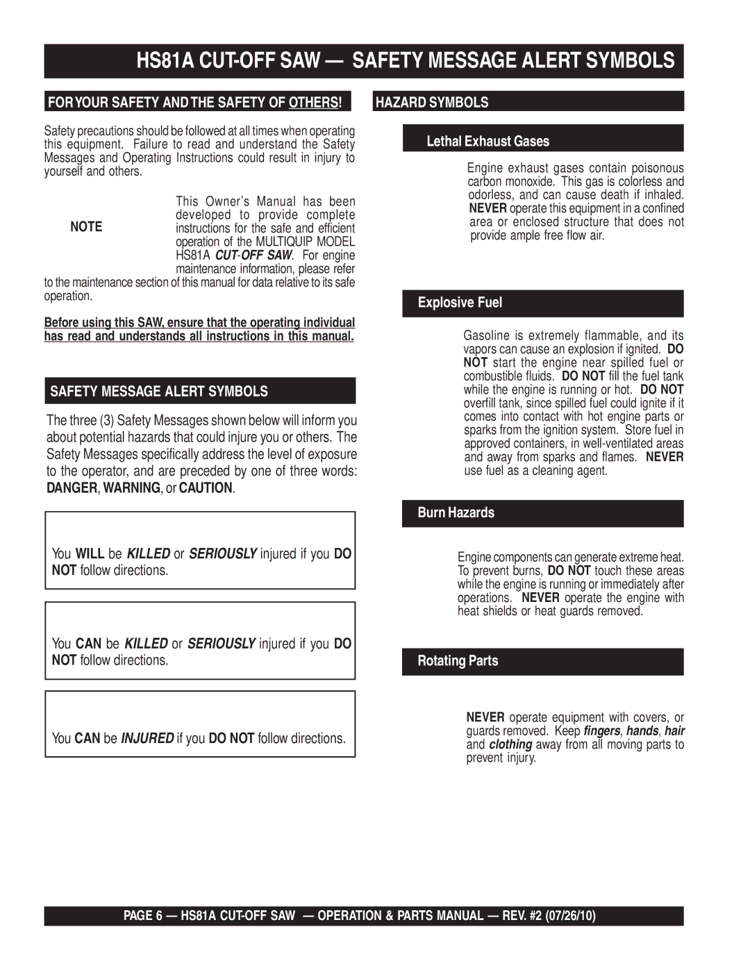 Multiquip manual HS81A CUT-OFF SAW Safety Message Alert Symbols 