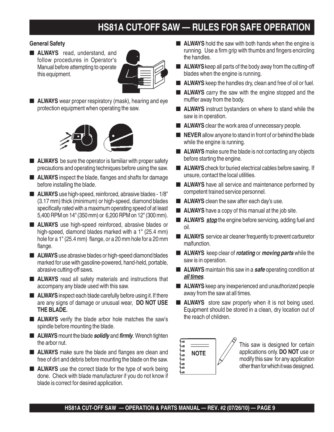 Multiquip manual HS81A CUT-OFF SAW Rules for Safe Operation, General Safety 