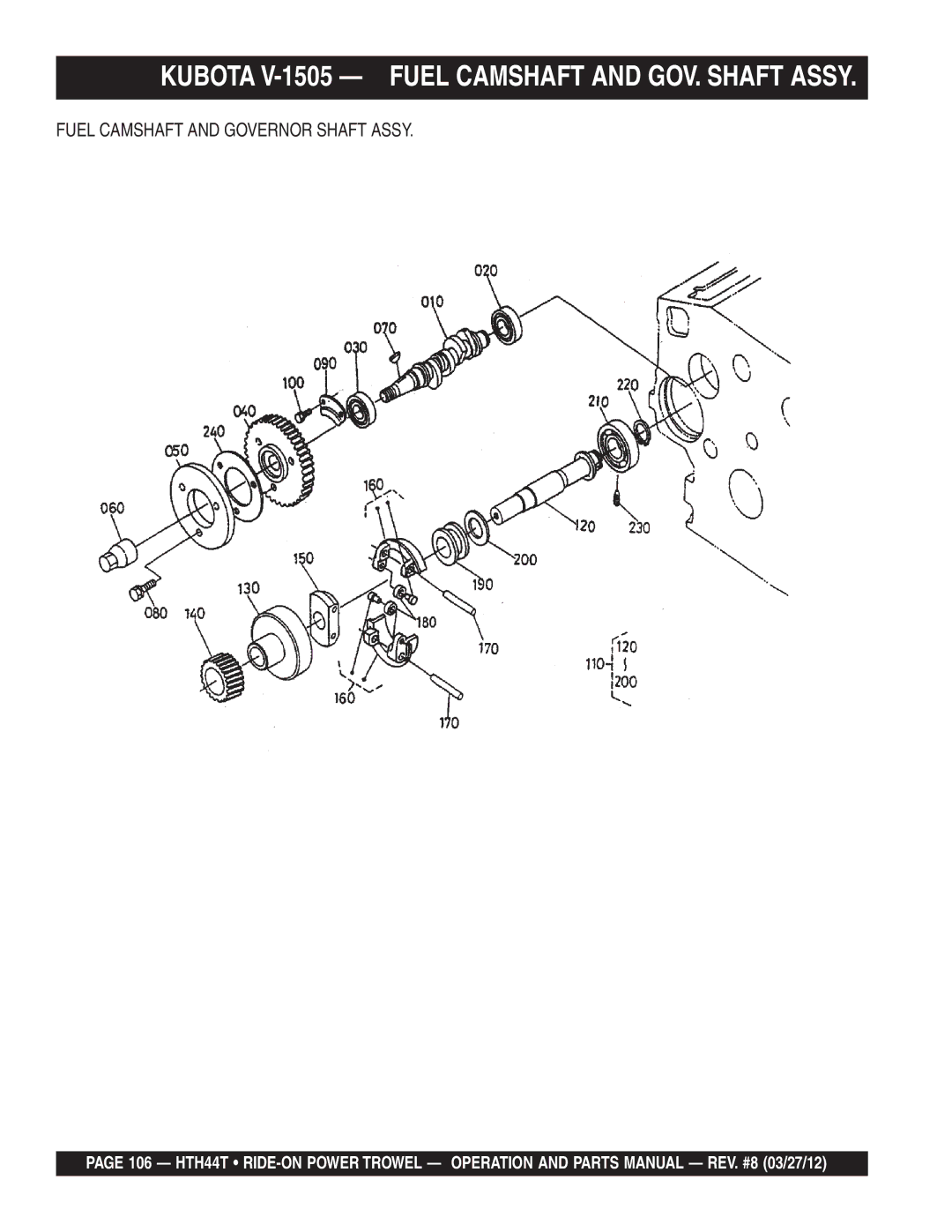 Multiquip HTH44T manual Kubota V-1505 Fuel Camshaft and GOV. Shaft Assy, Fuel Camshaft and Governor Shaft Assy 