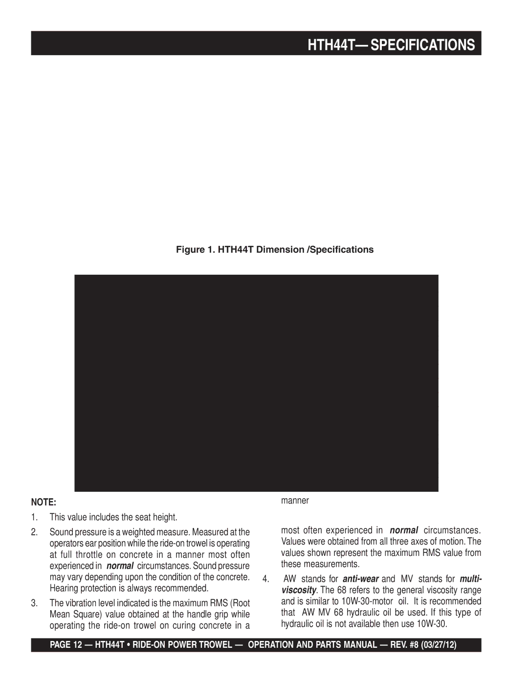 Multiquip manual HTH44T- Specifications, HTH-44T Specifications 