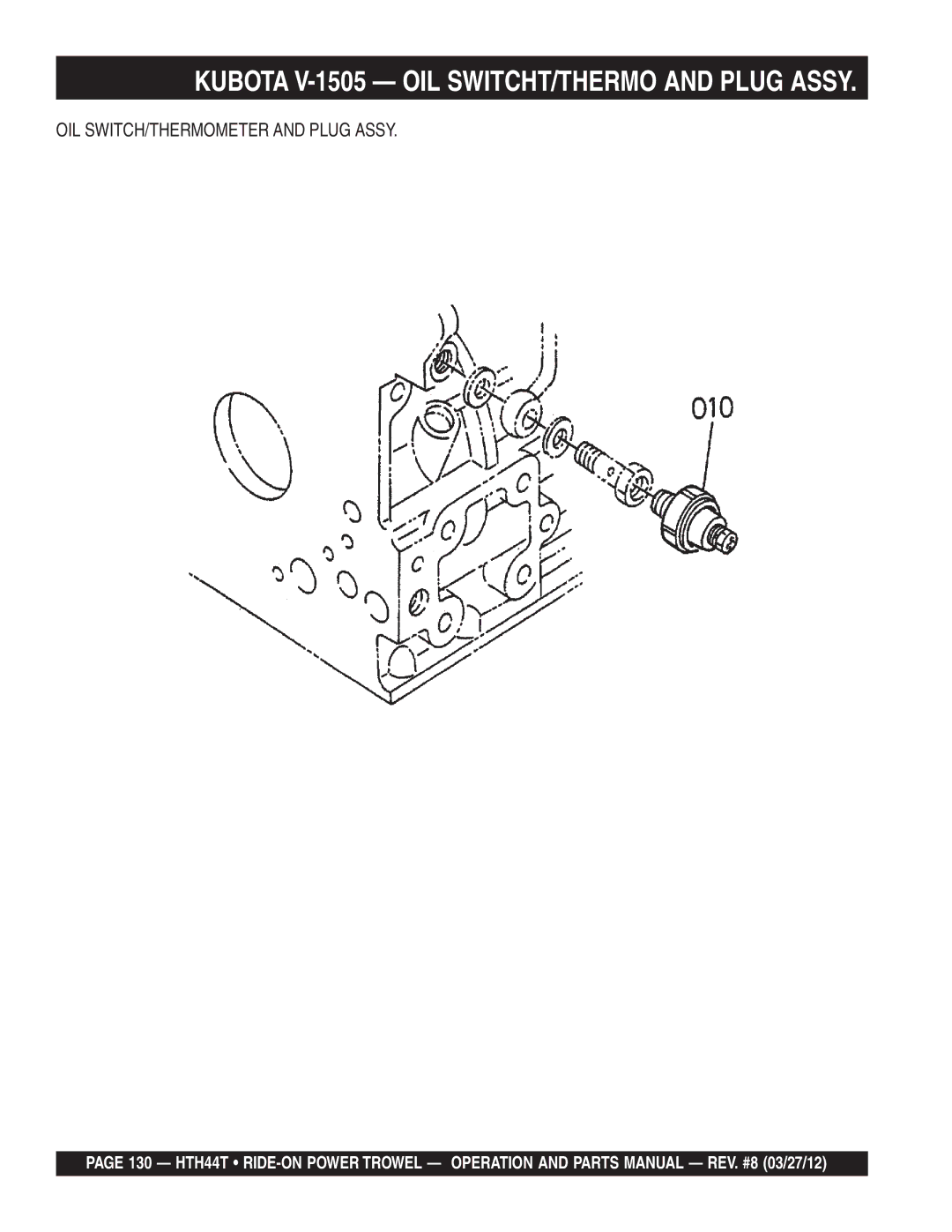 Multiquip HTH44T manual Kubota V-1505 OIL SWITCHT/THERMO and Plug Assy, OIL SWITCH/THERMOMETER and Plug Assy 