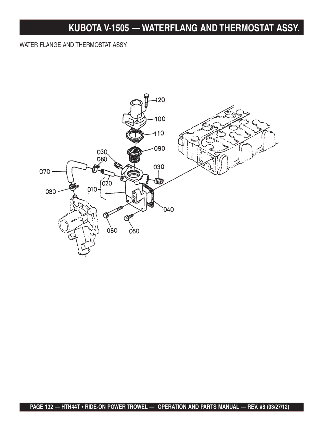 Multiquip HTH44T manual Kubota V-1505 Waterflang and Thermostat Assy, Water Flange and Thermostat Assy 