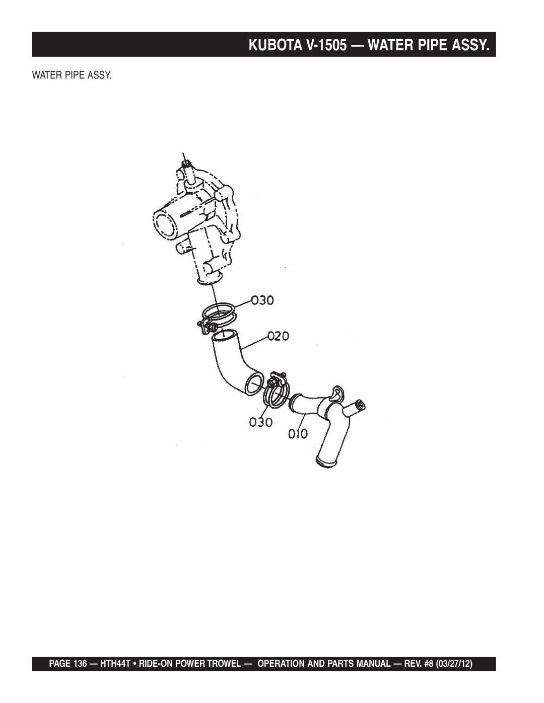 Multiquip HTH44T manual Kubota V-1505 Water Pipe Assy 