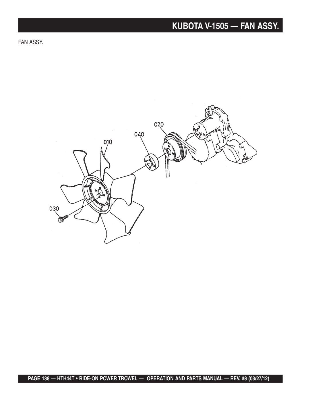 Multiquip HTH44T manual Kubota V-1505 FAN Assy 