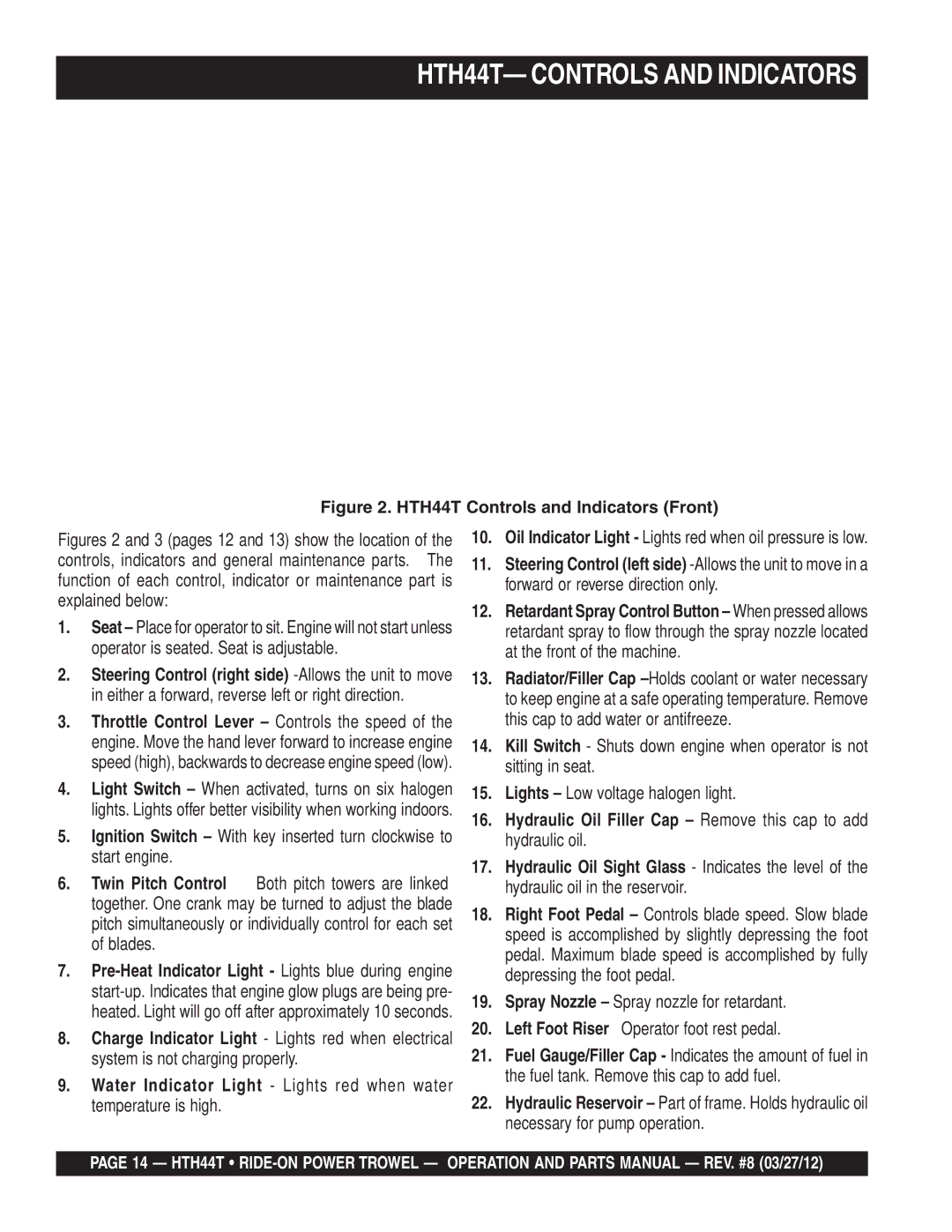 Multiquip manual HTH44T- Controls and Indicators, HTH44T Controls and Indicators Front 