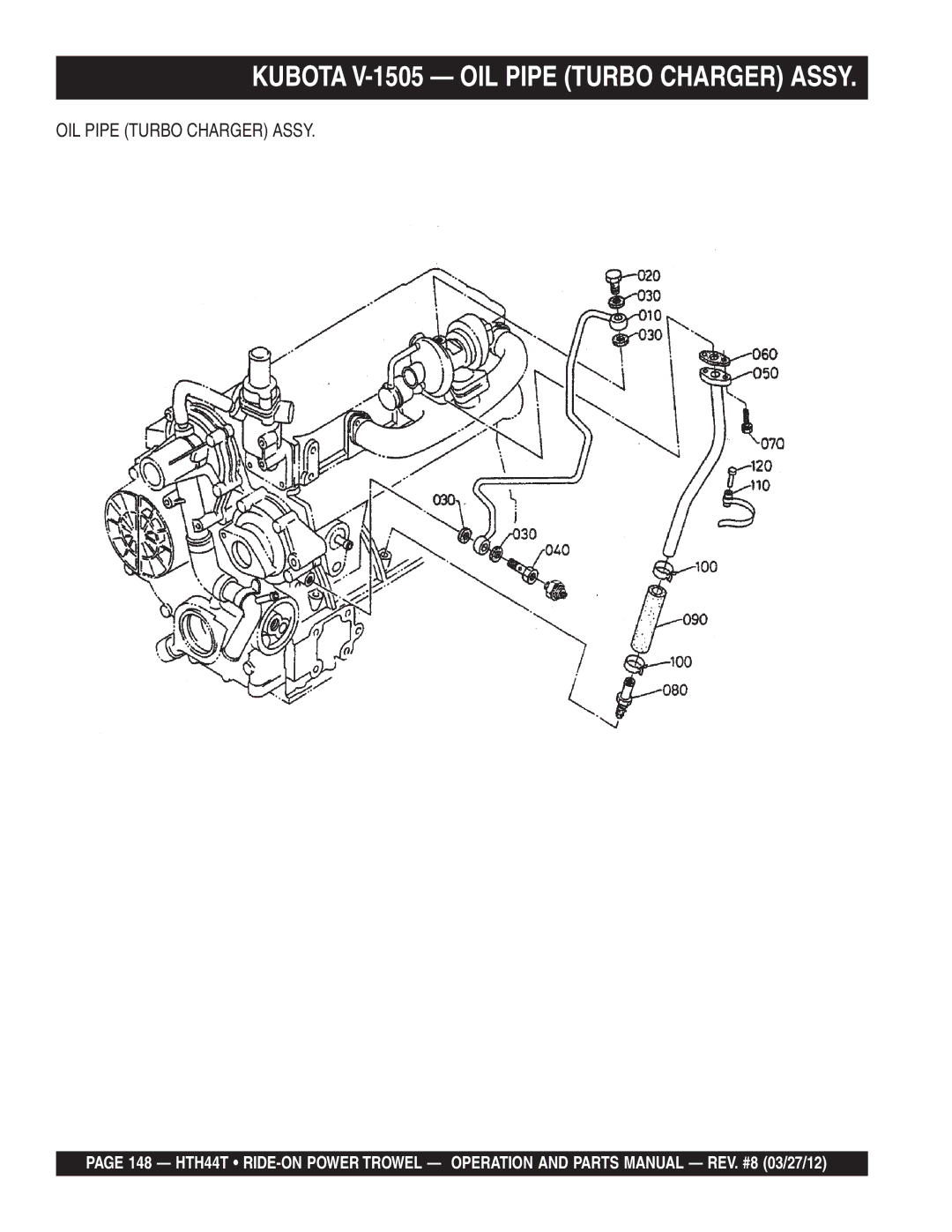 Multiquip HTH44T manual Kubota V-1505 OIL Pipe Turbo Charger Assy 