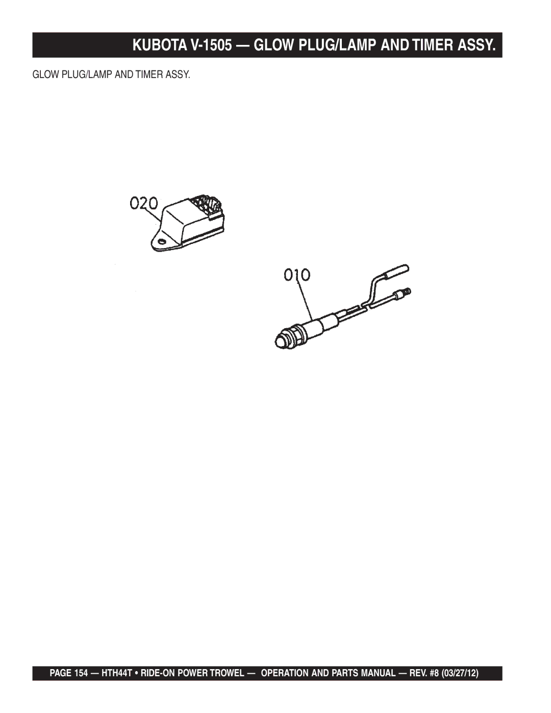 Multiquip HTH44T manual Kubota V-1505 Glow PLUG/LAMP and Timer Assy 