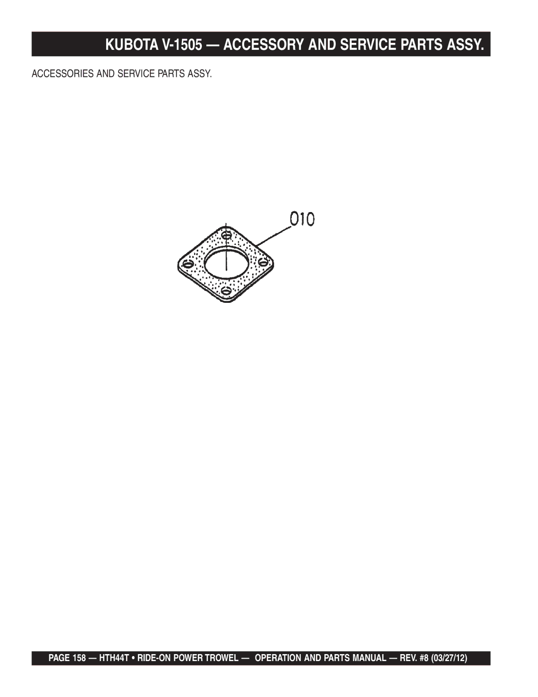 Multiquip HTH44T manual Kubota V-1505 Accessory and Service Parts Assy, Accessories and Service Parts Assy 