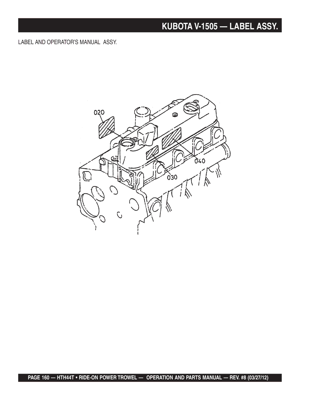 Multiquip HTH44T manual Kubota V-1505 Label Assy, Label and OPERATOR’S Manual Assy 