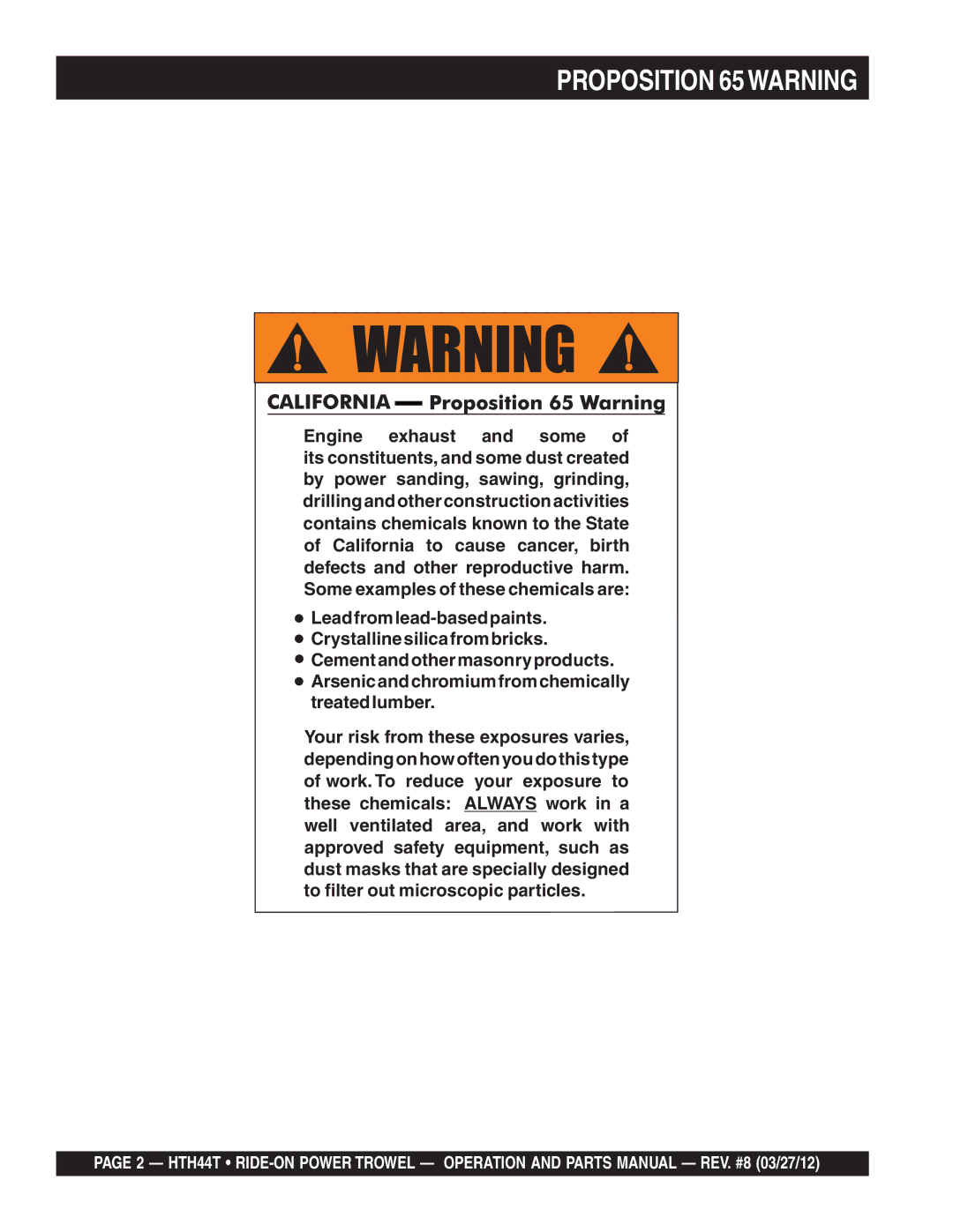 Multiquip HTH44T manual Proposition 65WARNING 