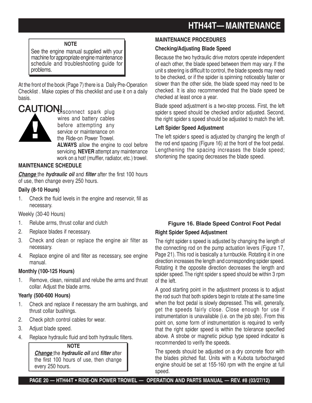 Multiquip manual HTH44T- Maintenance, Maintenance Schedule 