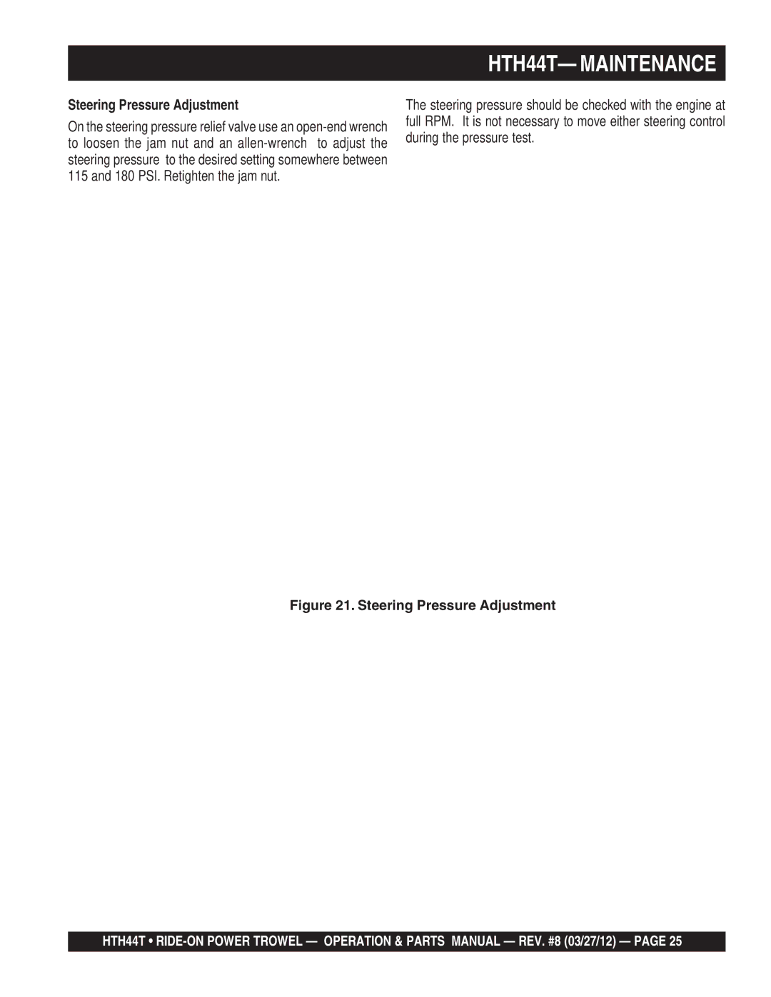 Multiquip HTH44T manual Steering Pressure Adjustment 