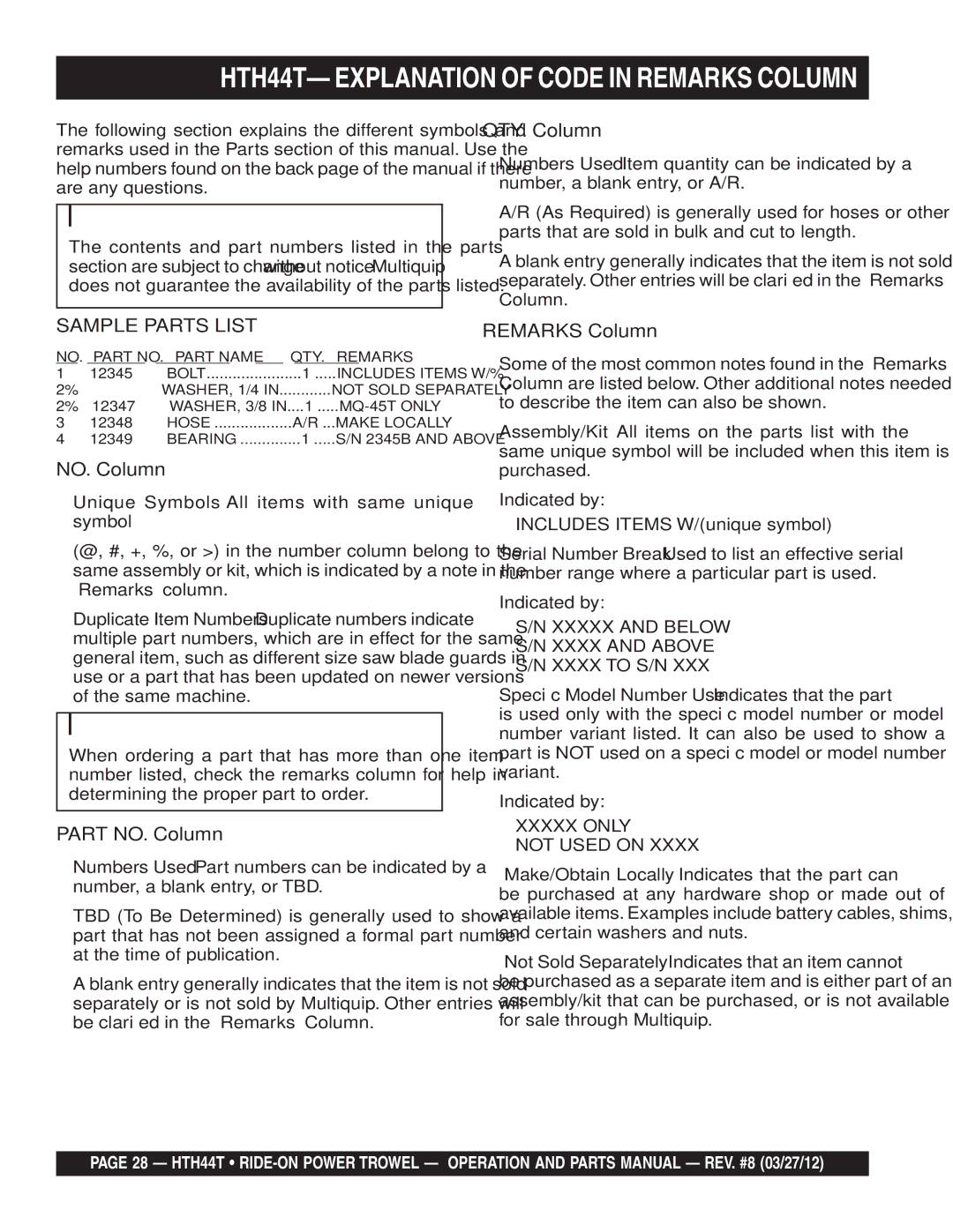 Multiquip manual HTH44T- Explanation of Code in Remarks Column 