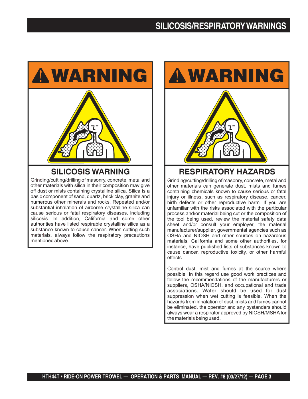 Multiquip HTH44T manual Silicosis/Respiratorywarnings 