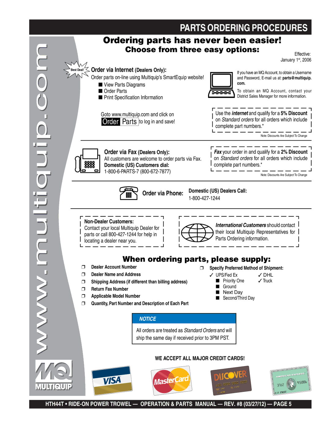 Multiquip HTH44T manual Parts Ordering Procedures, Ordering parts has never been easier 