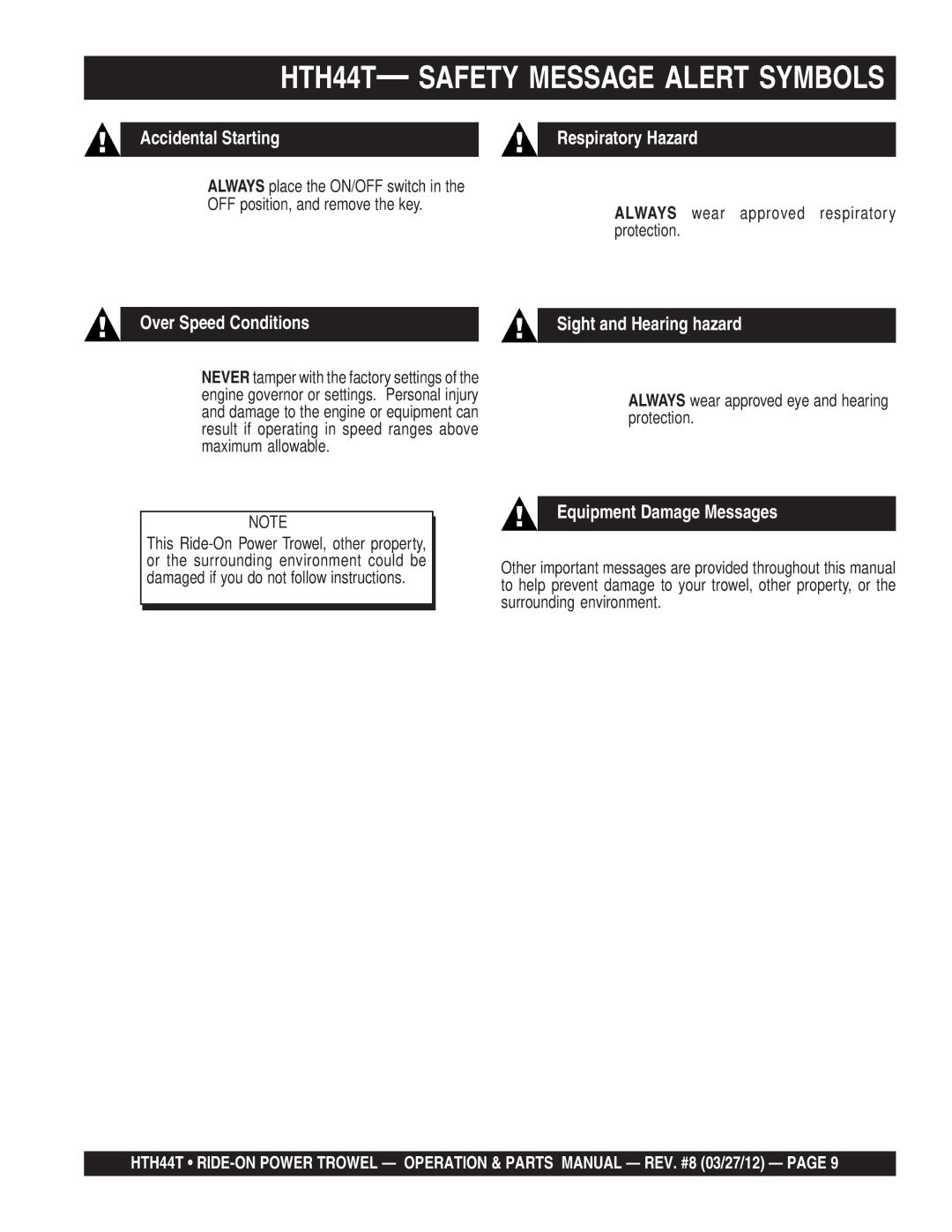 Multiquip manual HTH44T- Safety Message Alert Symbols, Over Speed Conditions Sight and Hearing hazard 