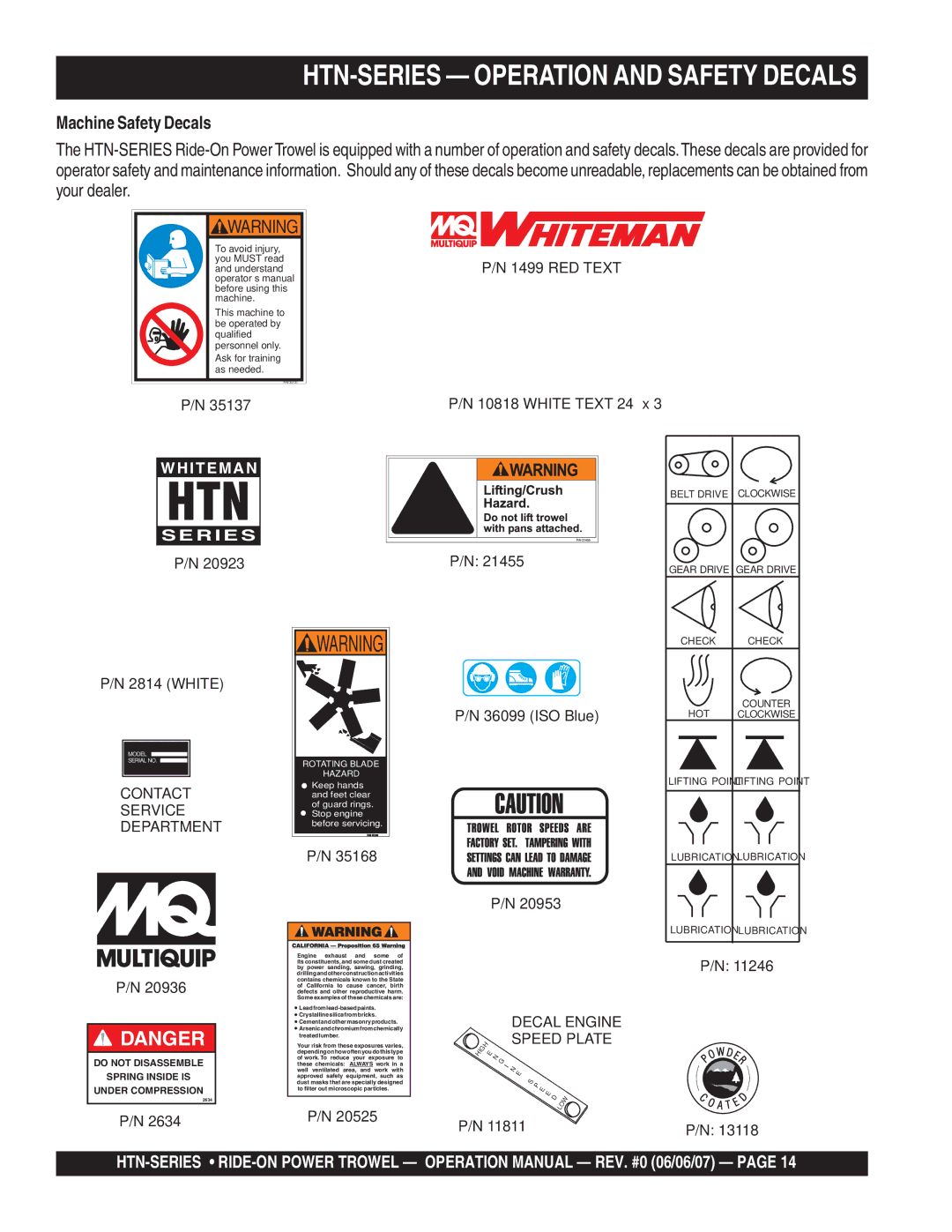 Multiquip HTN-27K-TCSL operation manual HTN-SERIES Operation and Safety Decals, Machine Safety Decals 