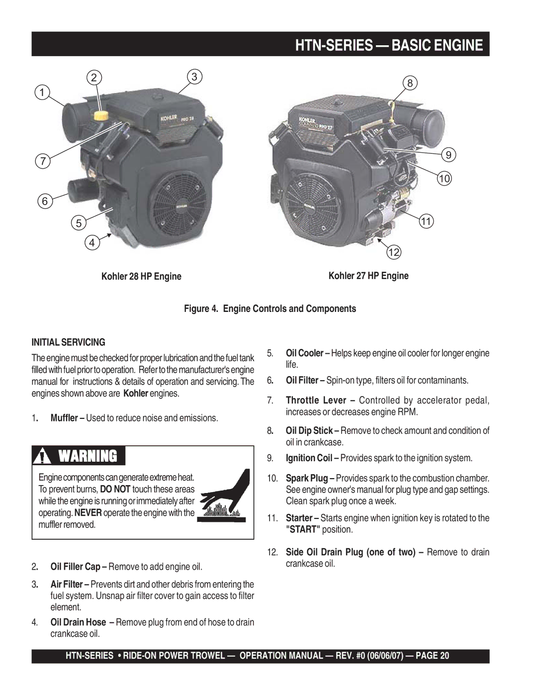 Multiquip HTN-27K-TCSL operation manual HTN-SERIES Basic Engine, Kohler 28 HP Engine Kohler 27 HP Engine, Initial Servicing 