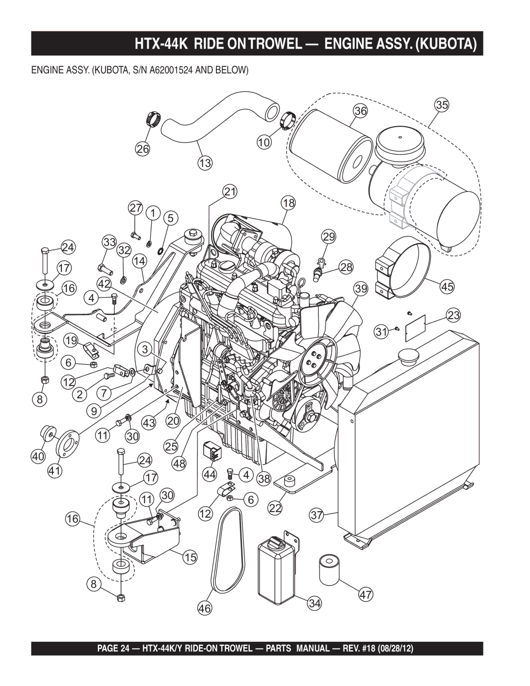 Multiquip HTX-44Y5, HTX-44Y4 manual HTX-44K Ride Ontrowel Engine ASSY. Kubota, Engine ASSY. KUBOTA, S/N A62001524 and below 