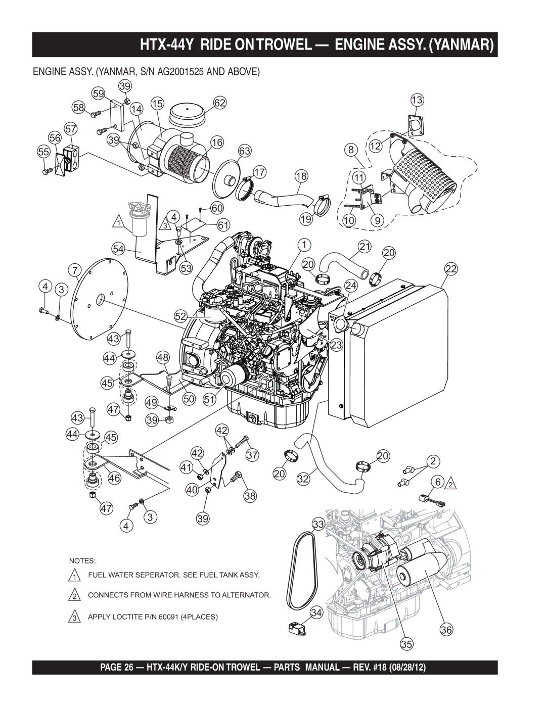 Multiquip HTX-44K5, HTX-44Y5 manual HTX-44Y Ride Ontrowel Engine ASSY. Yanmar, Engine ASSY. YANMAR, S/N AG2001525 and Above 