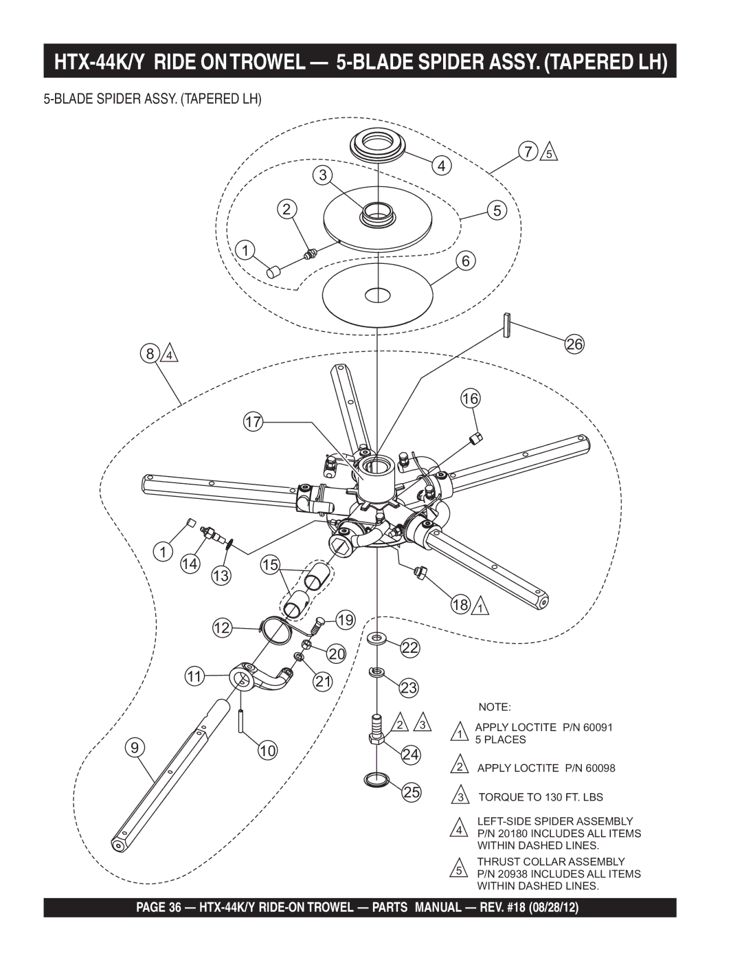 Multiquip HTX-44Y5, HTX-44Y4 manual HTX-44K/Y Ride Ontrowel 5-BLADE Spider ASSY. Tapered LH, Blade Spider ASSY. Tapered LH 