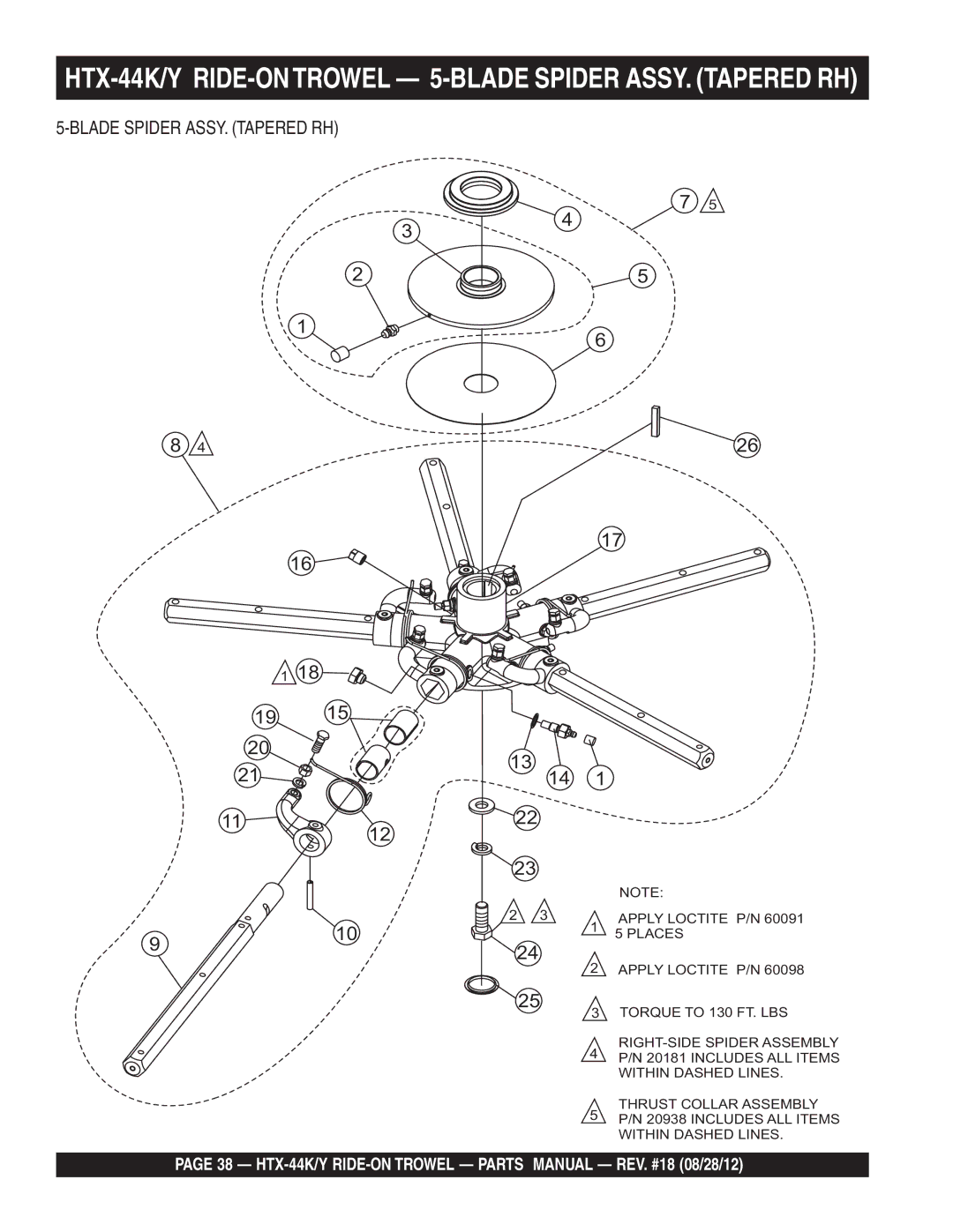 Multiquip HTX-44K5, HTX-44Y5 manual HTX-44K/Y RIDE-ONTROWEL 5-BLADE Spider ASSY. Tapered RH, Blade Spider ASSY. Tapered RH 