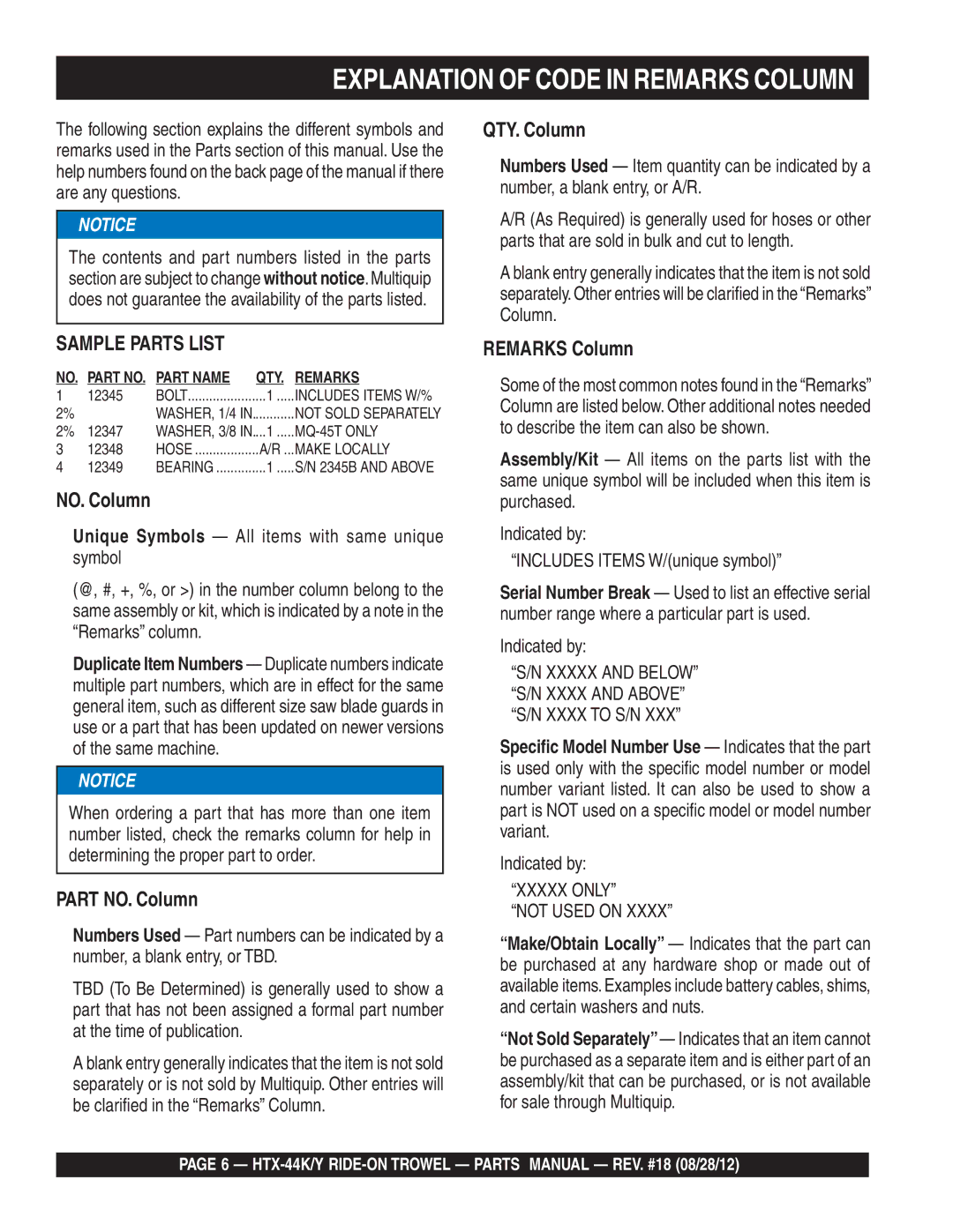 Multiquip HTX-44K5, HTX-44Y5, HTX-44Y4, HTX-44K4 manual Explanation of Code in Remarks Column, Xxxxx only Not Used on 