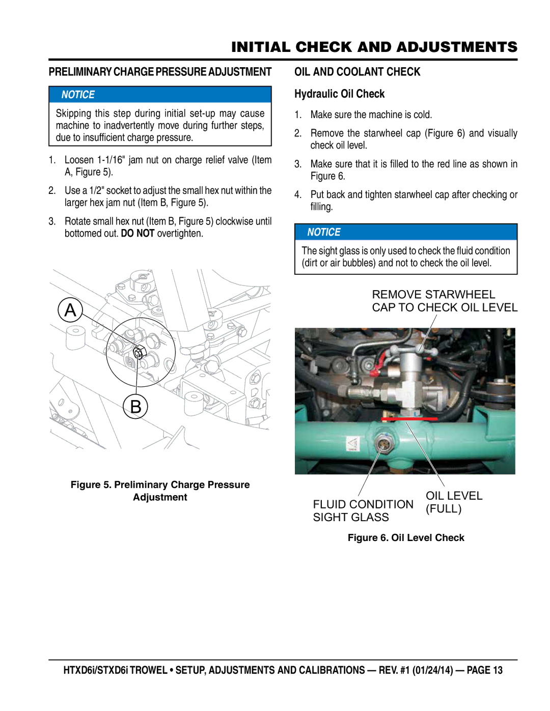 Multiquip HTXD6i / STXD6i manual Initial Check and Adjustments, OIL and Coolant Check, Hydraulic Oil Check 