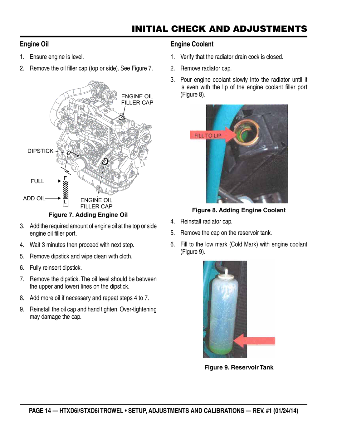 Multiquip HTXD6i / STXD6i manual Engine Oil, Engine Coolant, Ensure engine is level 