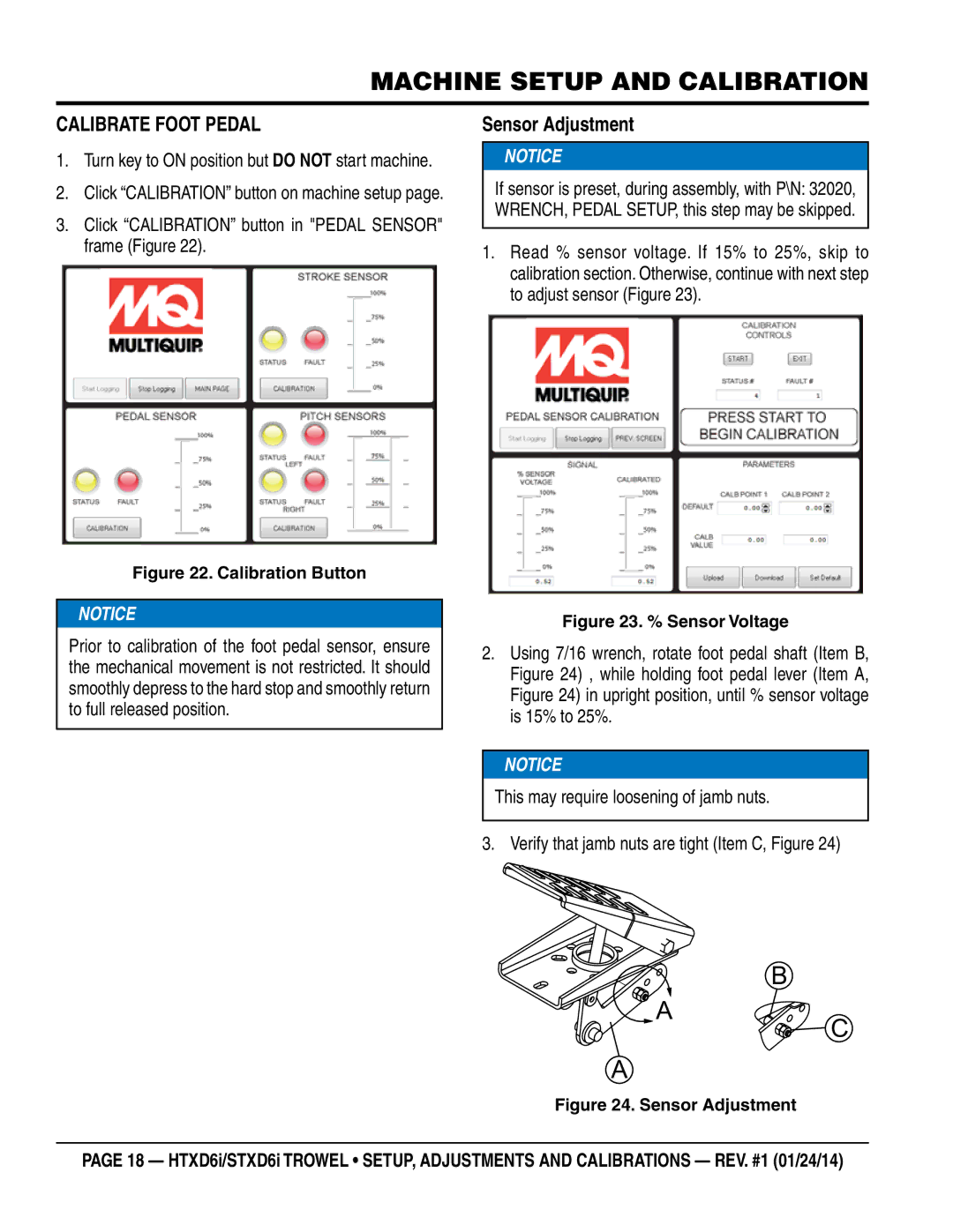 Multiquip HTXD6i / STXD6i manual Machine Setup and Calibration, Calibrate Foot Pedal, Sensor Adjustment 