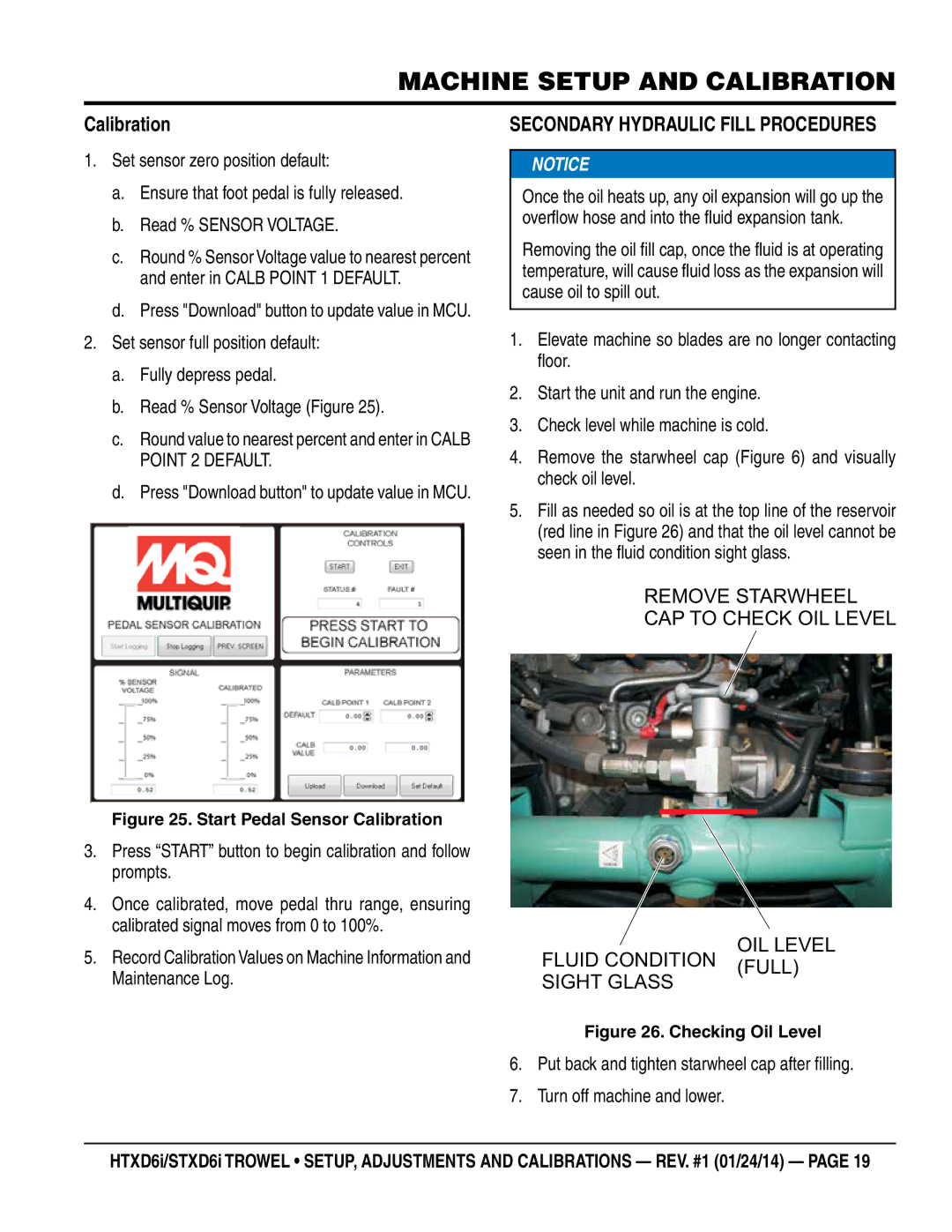 Multiquip HTXD6i / STXD6i manual Calibration, Secondary Hydraulic Fill Procedures 