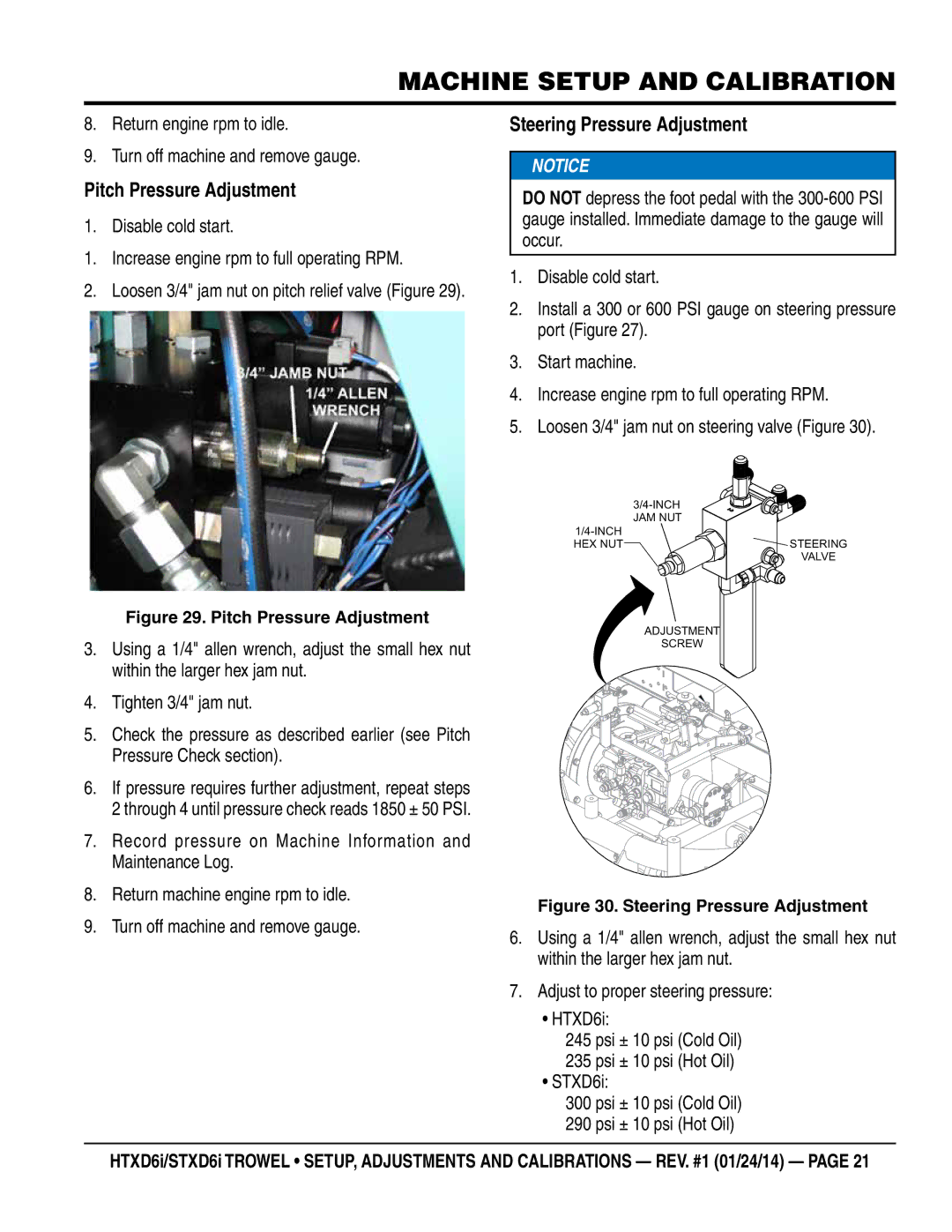 Multiquip HTXD6i / STXD6i manual Pitch Pressure Adjustment, Steering Pressure Adjustment 