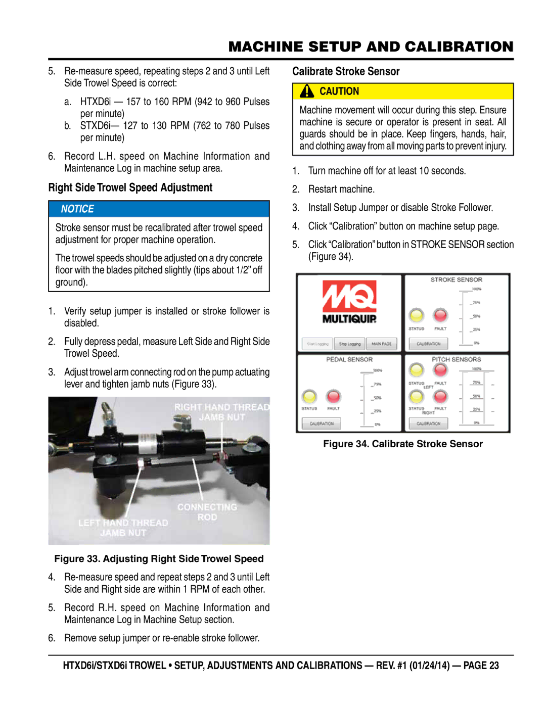 Multiquip HTXD6i / STXD6i manual Right Side Trowel Speed Adjustment, Calibrate Stroke Sensor 